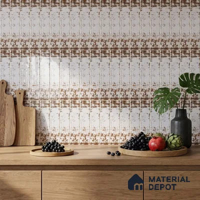 Industrial Kitchen with Rustic White and Rust Subway Backsplash Tile and Oak Cabinets