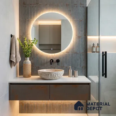 Industrial Bathroom with Rustic Grey and Rust Subway Tile and Round Backlit Mirror