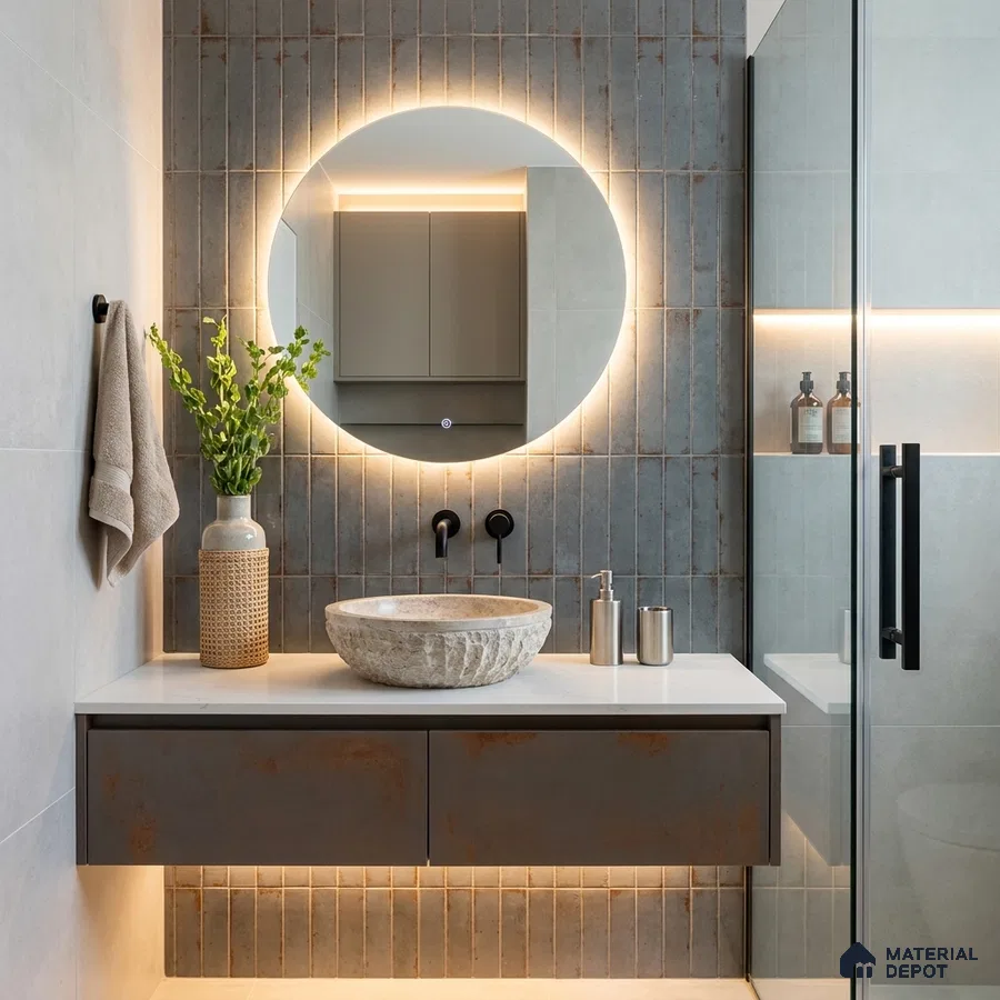 Industrial Bathroom with Rustic Grey and Rust Subway Tile and Round Backlit Mirror