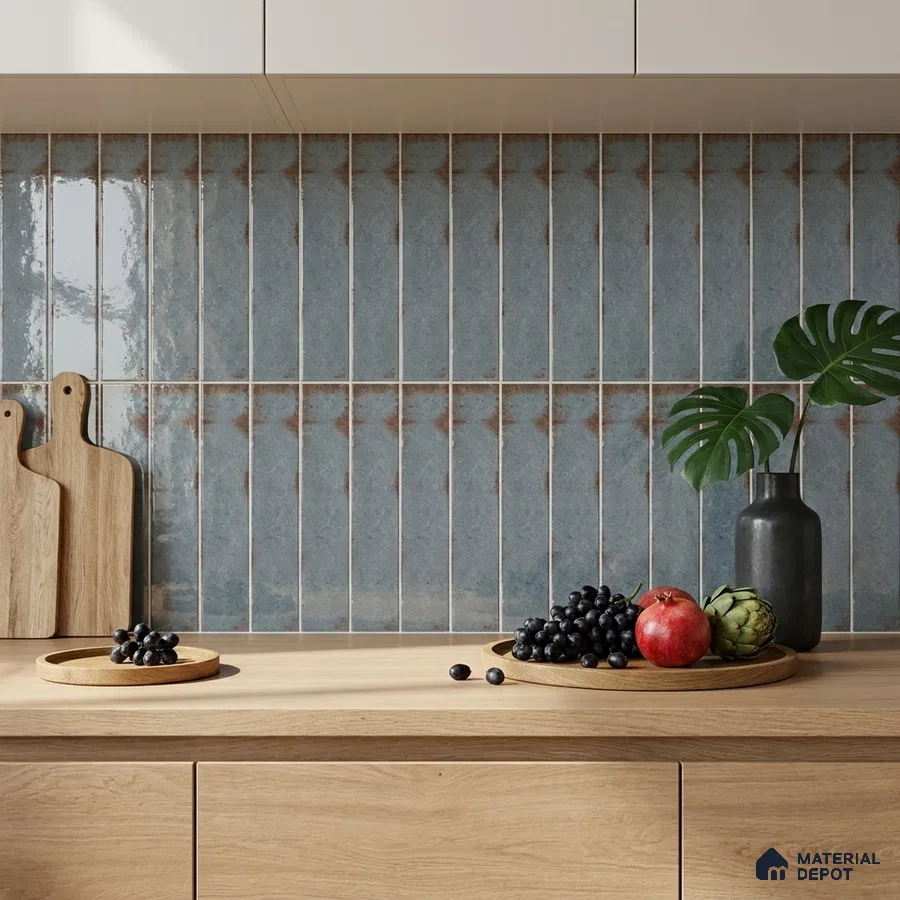 Industrial Kitchen with Rustic Blue-Grey Subway Backsplash Tile and Oak Cabinets