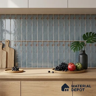 Industrial Kitchen with Rustic Blue-Grey Subway Backsplash Tile and Oak Cabinets