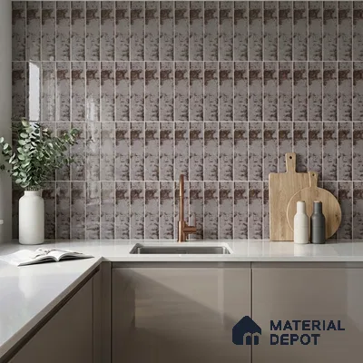 Industrial Kitchen with Rustic Smoke Grey Subway Backsplash Tile and Grey Cabinets