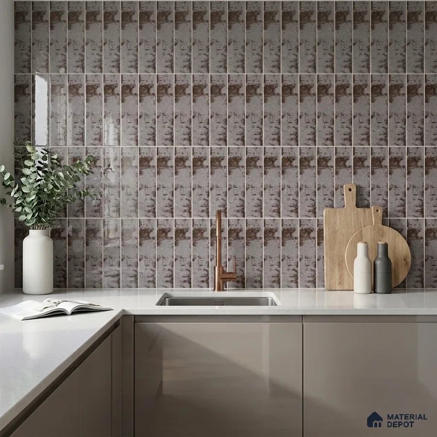 Industrial Kitchen with Rustic Smoke Grey Subway Backsplash Tile and Grey Cabinets
