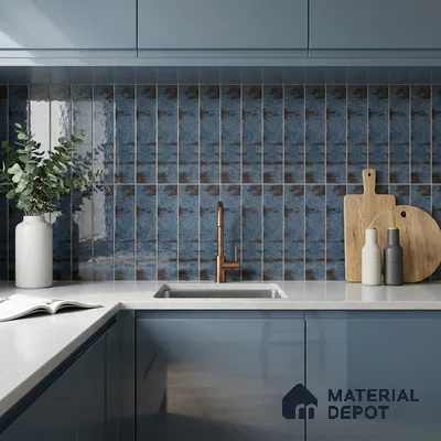 Industrial Kitchen with Rustic Denim Blue Subway Backsplash Tile and Blue Cabinets