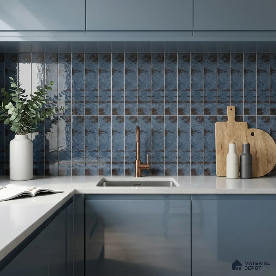 Industrial Kitchen with Rustic Denim Blue Subway Backsplash Tile and Blue Cabinets