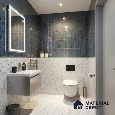Industrial Bathroom with Rustic Denim Blue Subway Tile and Terrazzo Wainscot