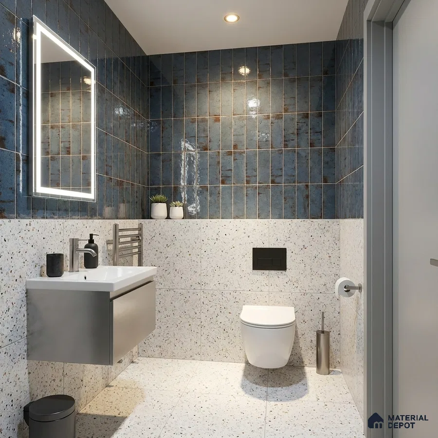 Industrial Bathroom with Rustic Denim Blue Subway Tile and Terrazzo Wainscot