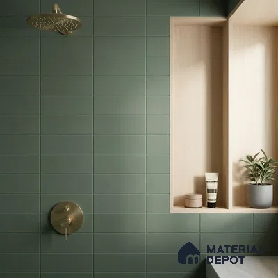 Modern Bathroom with Olive Green Matte Subway Tile and Brass Fixtures