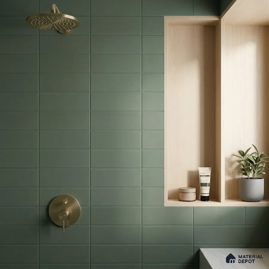 Modern Bathroom with Olive Green Matte Subway Tile and Brass Fixtures