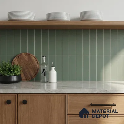 Scandinavian Kitchen with Fern Olive Green Vertical Subway Tile and Walnut Cabinets