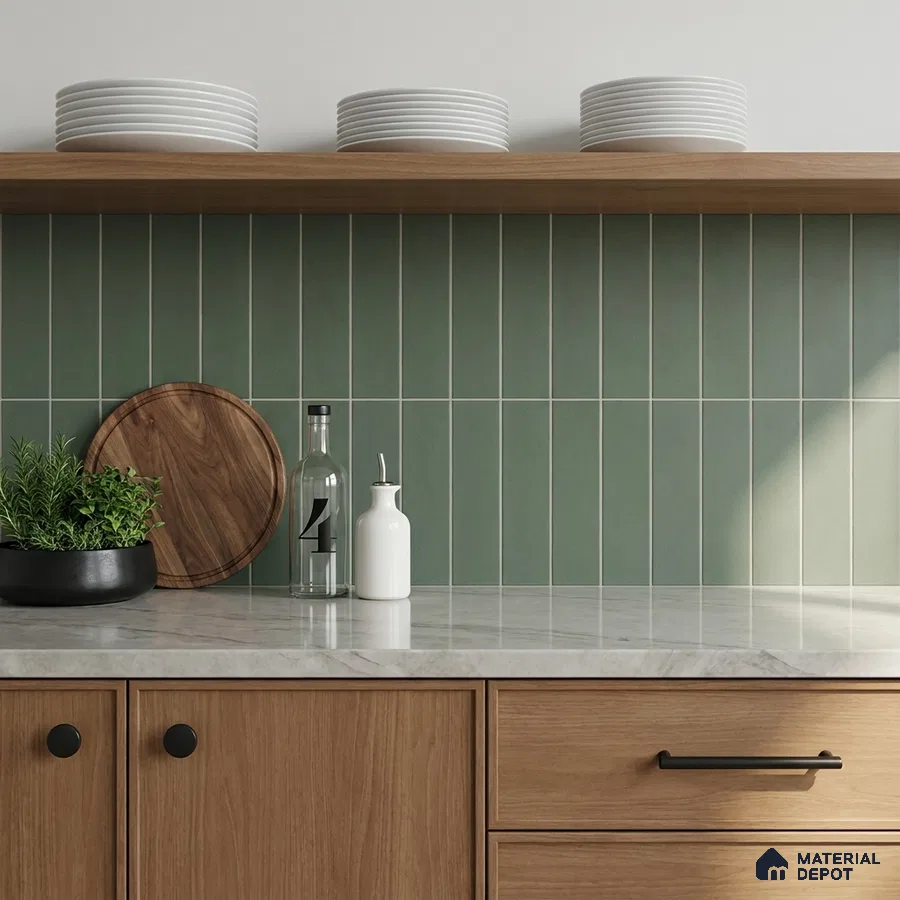 Scandinavian Kitchen with Fern Olive Green Vertical Subway Tile and Walnut Cabinets
