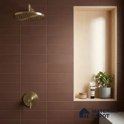 Modern Bathroom with Terracotta Brown Matte Subway Tile and Brass Fixtures