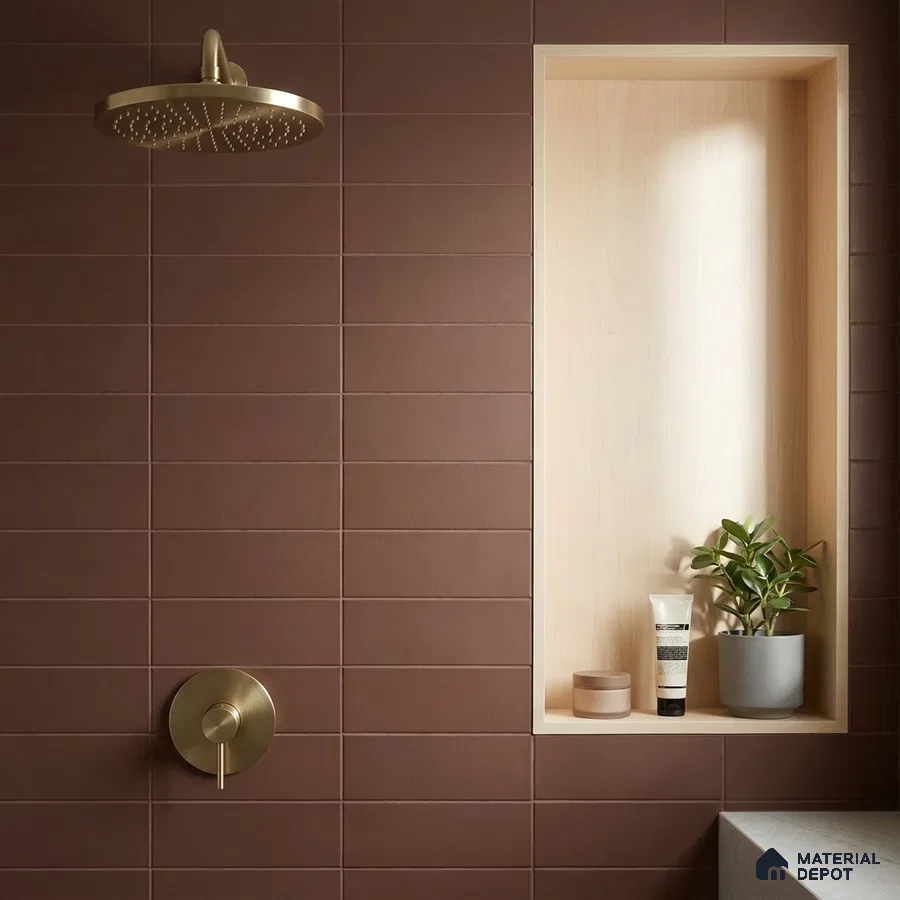 Modern Bathroom with Terracotta Brown Matte Subway Tile and Brass Fixtures