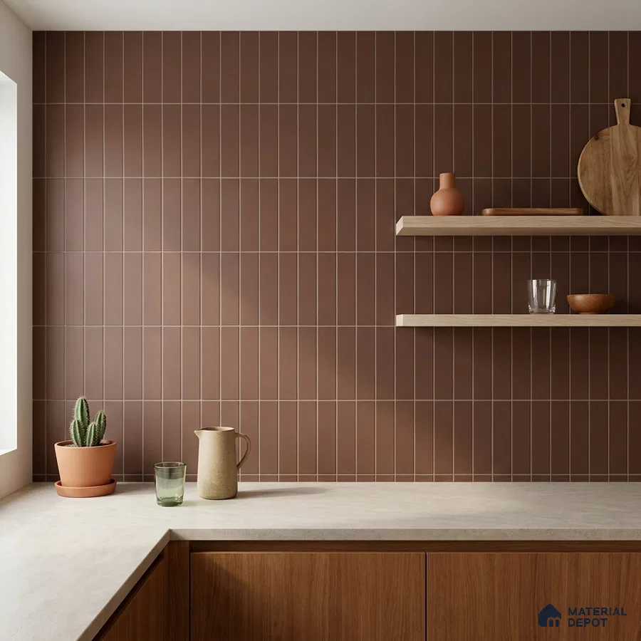 Minimalist Kitchen with Terracotta Brown Vertical Subway Tile and Walnut Cabinets