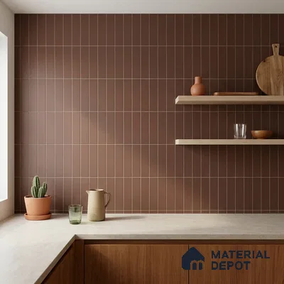 Minimalist Kitchen with Terracotta Brown Vertical Subway Tile and Walnut Cabinets