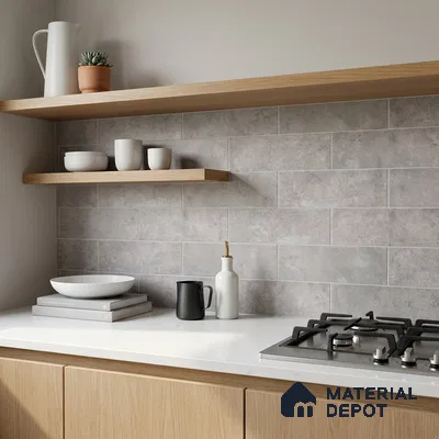 Modern Kitchen with Cement Grey Subway Tile and Oak Cabinets