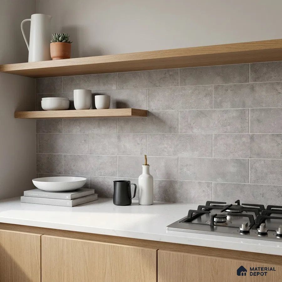 Modern Kitchen with Cement Grey Subway Tile and Oak Cabinets