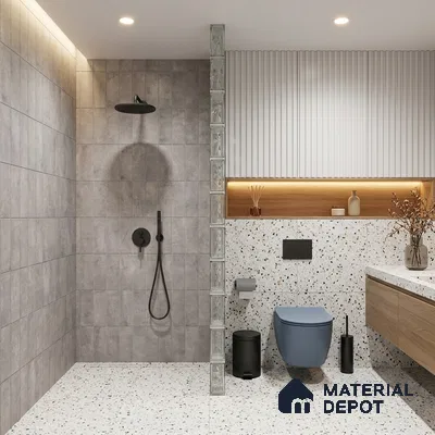 Modern Bathroom with Cement Grey Subway Tile and Terrazzo Floor