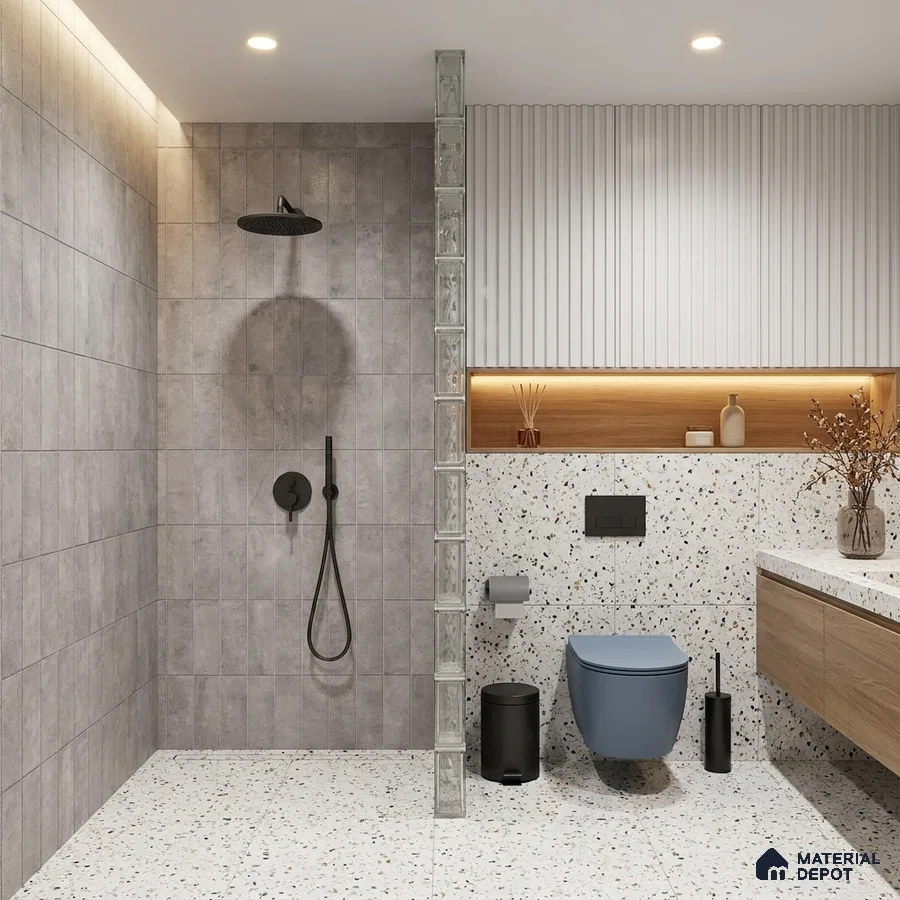 Modern Bathroom with Cement Grey Subway Tile and Terrazzo Floor