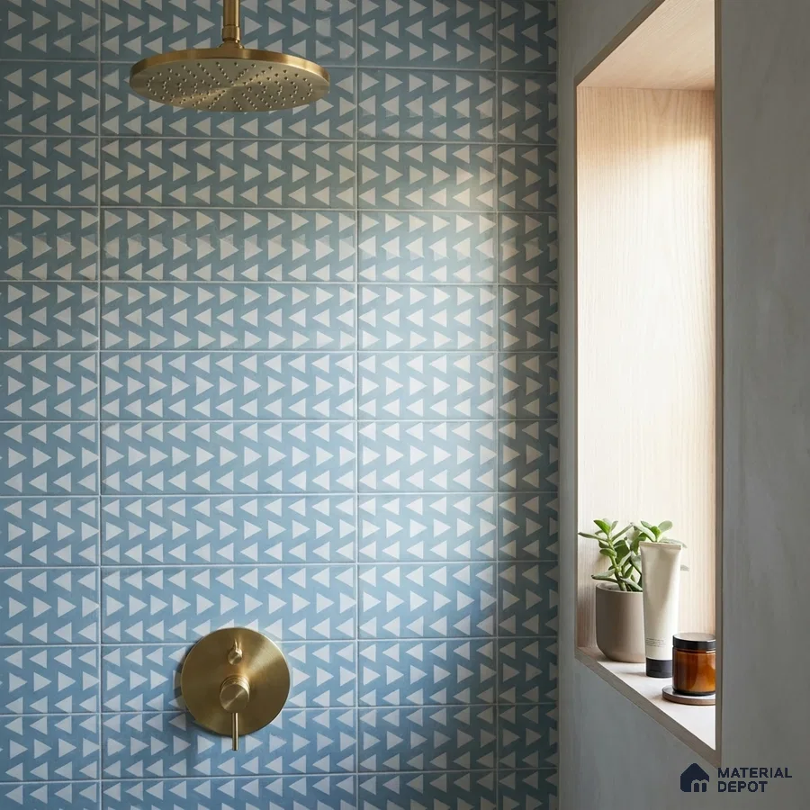 Mediterranean Bathroom with Cerulean Blue Patterned Tile and Brass Fixtures
