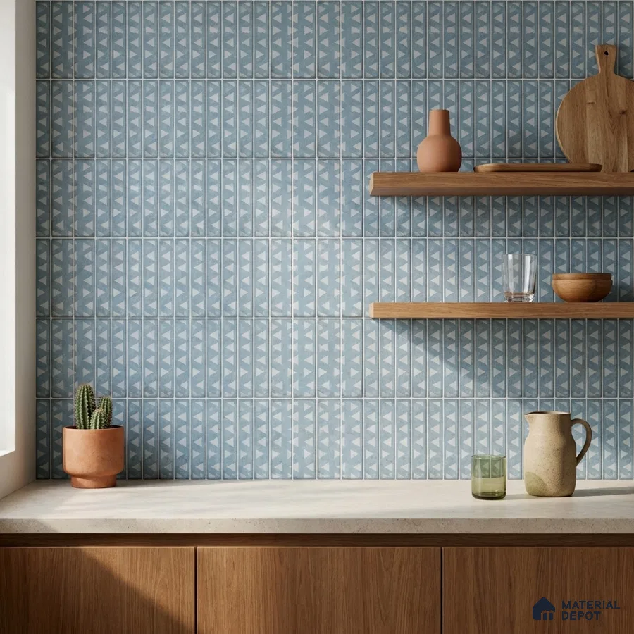 Mediterranean Kitchen with Cerulean Blue Patterned Tile and Walnut Shelves