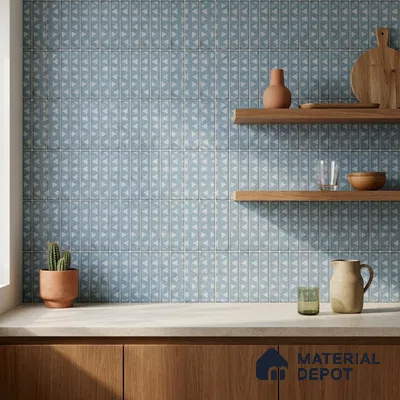Mediterranean Kitchen with Cerulean Blue Patterned Tile and Walnut Shelves