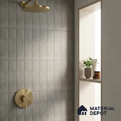 Modern Bathroom with Heather Grey Vertical Subway Tile and Brass Fixtures