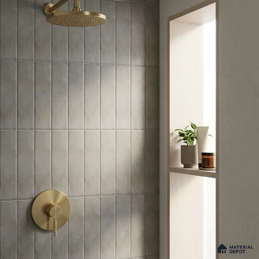 Modern Bathroom with Heather Grey Vertical Subway Tile and Brass Fixtures