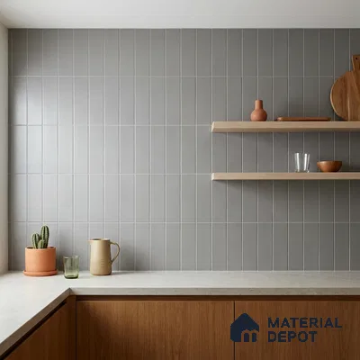Minimalist Kitchen with Soft Grey Vertical Subway Tile and Oak Cabinets