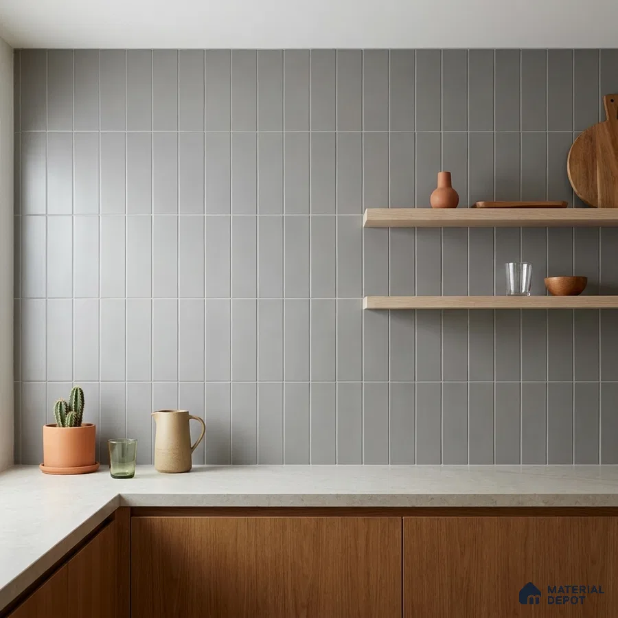 Minimalist Kitchen with Soft Grey Vertical Subway Tile and Oak Cabinets