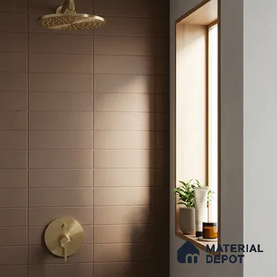 Modern Bathroom with Burnt Umber Brown Subway Tile and Brass Fixtures