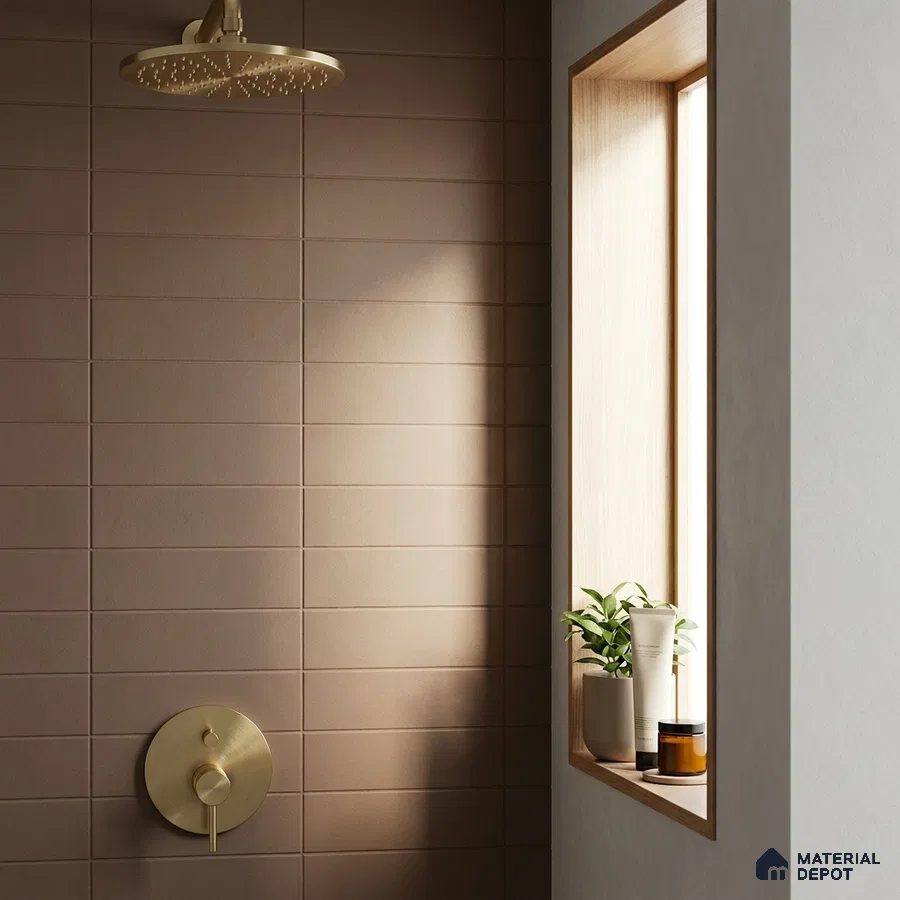 Modern Bathroom with Burnt Umber Brown Subway Tile and Brass Fixtures