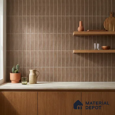 Minimalist Kitchen with Burnt Umber Brown Vertical Subway Tile and Walnut Cabinets
