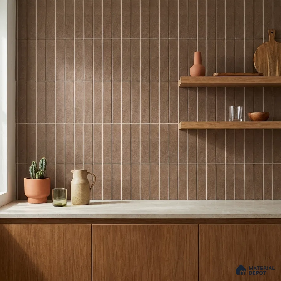 Minimalist Kitchen with Burnt Umber Brown Vertical Subway Tile and Walnut Cabinets