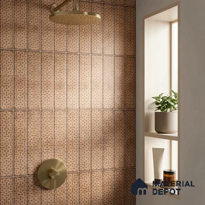 Bohemian Bathroom with Terracotta Brown Patterned Tile and Brass Fixtures