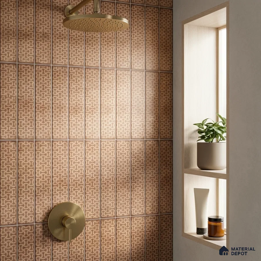 Bohemian Bathroom with Terracotta Brown Patterned Tile and Brass Fixtures