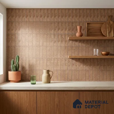 Bohemian Kitchen with Terracotta Brown Patterned Tile and Walnut Cabinets