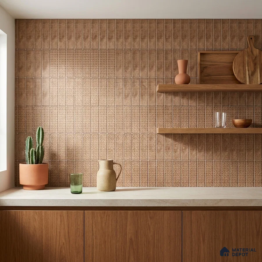 Bohemian Kitchen with Terracotta Brown Patterned Tile and Walnut Cabinets