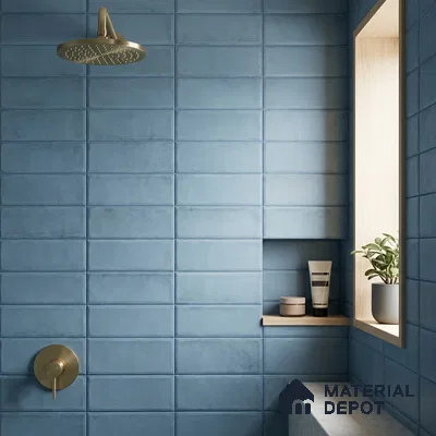 Modern Bathroom with Cerulean Blue Subway Tile and Brass Fixtures