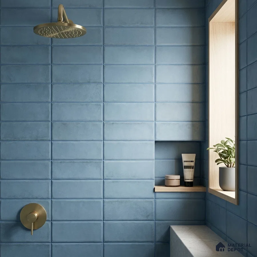 Modern Bathroom with Cerulean Blue Subway Tile and Brass Fixtures