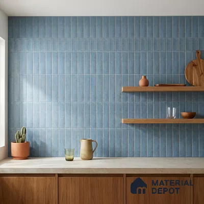 Modern Kitchen with Cerulean Blue Vertical Subway Tile and Walnut Cabinets