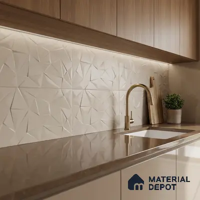 Modern kitchen with 3D geometric beige backsplash tile, brown quartz countertop, and light oak laminate cabinets