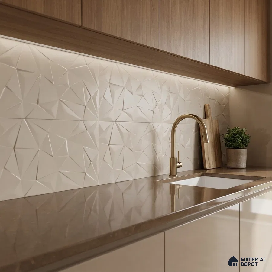 Modern kitchen with 3D geometric beige backsplash tile, brown quartz countertop, and light oak laminate cabinets