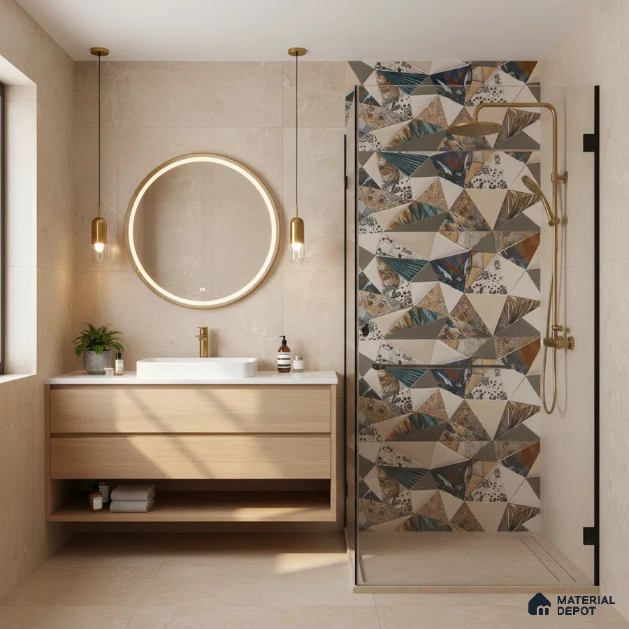 Modern bathroom with beige stone tiles, geometric patterned shower wall tile, and light oak vanity