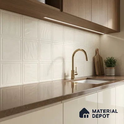 Modern kitchen with beige square wall tiles, brown quartz countertop, and light wood laminate cabinets
