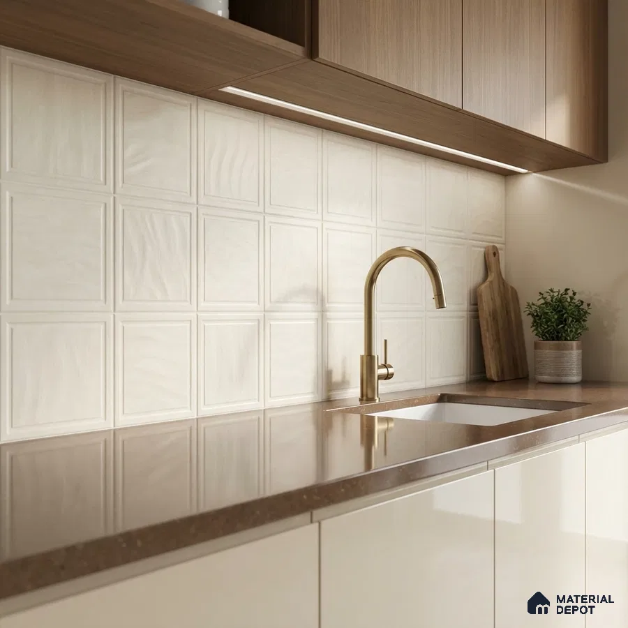 Modern kitchen with beige square wall tiles, brown quartz countertop, and light wood laminate cabinets