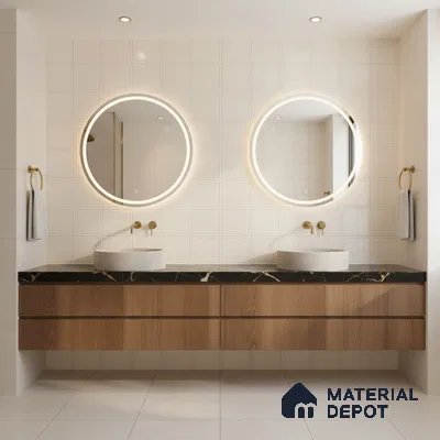 Modern bathroom with black quartz countertop, wood laminate vanity, and white textured wall tiles