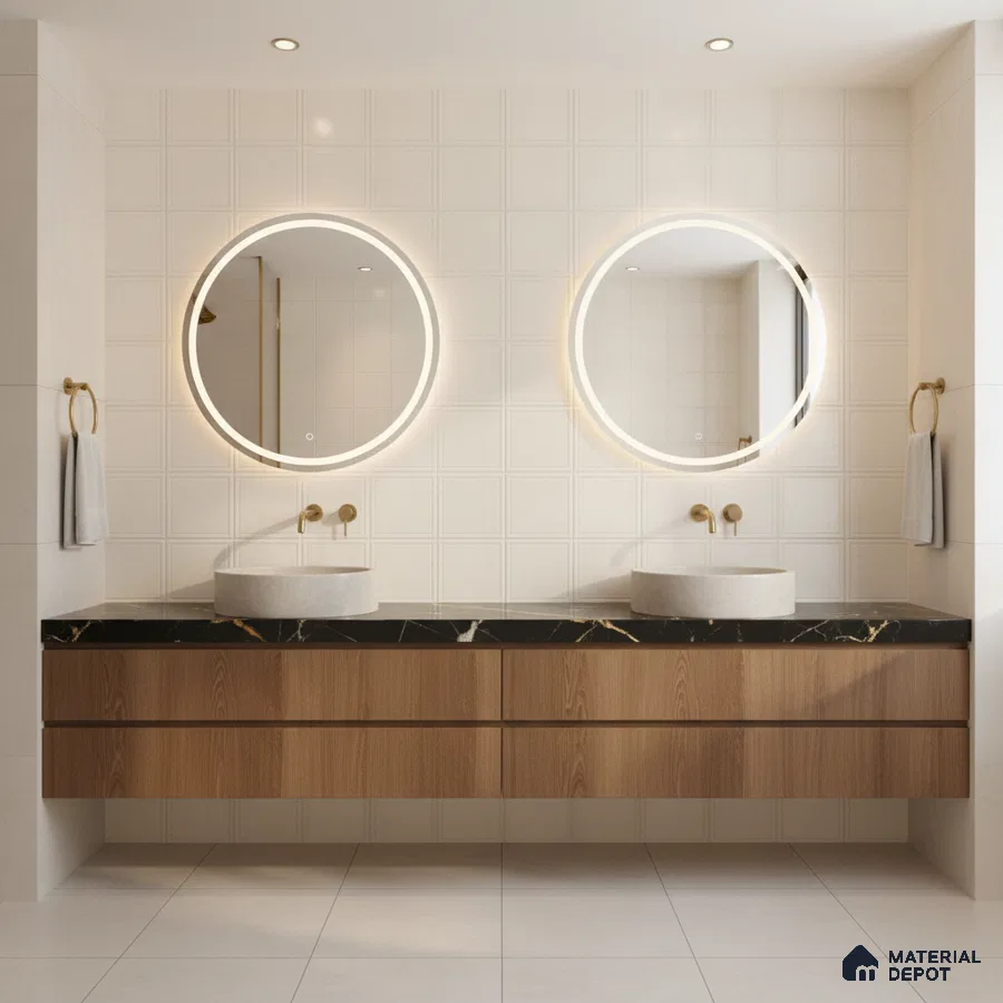 Modern bathroom with black quartz countertop, wood laminate vanity, and white textured wall tiles