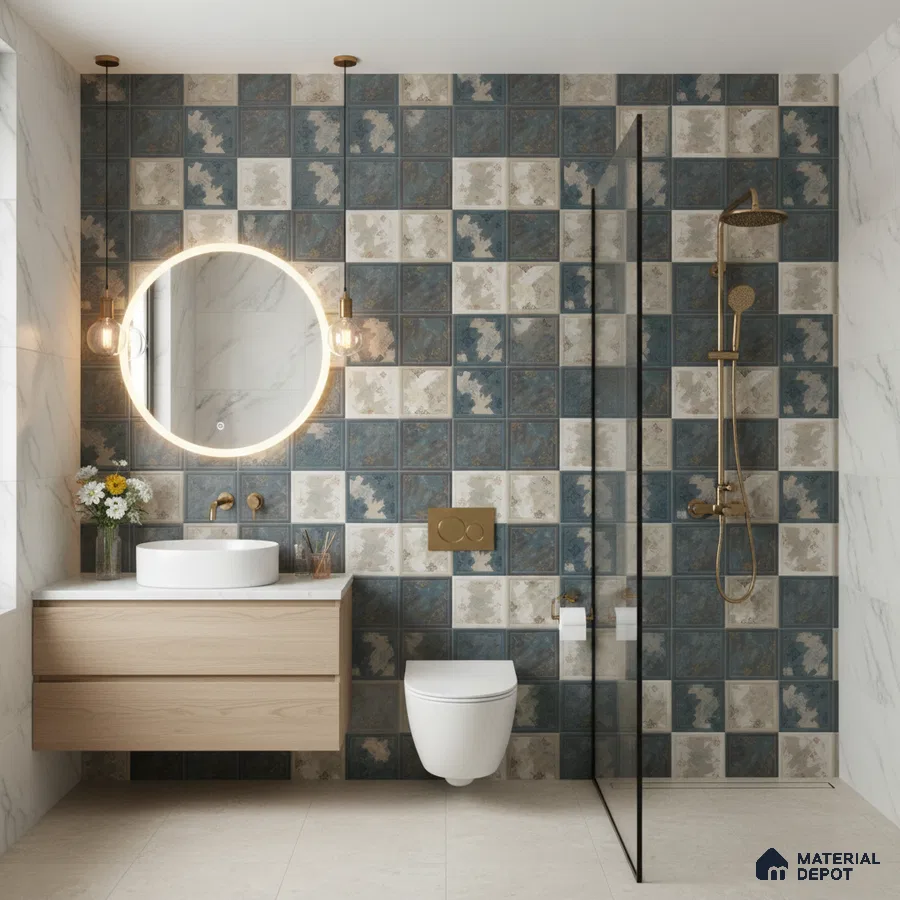 Modern bathroom with blue and beige patterned wall tiles, marble wall tile, and light wood vanity