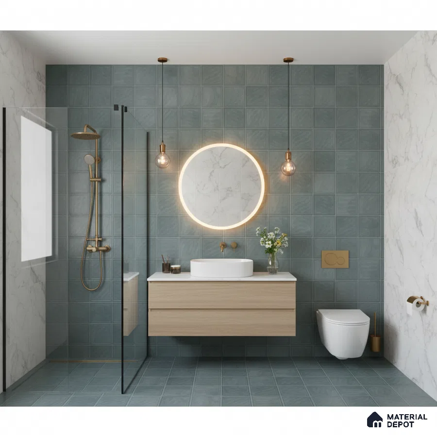 Modern bathroom with sage green square wall tiles, marble-look wall tiles, and light wood floating vanity